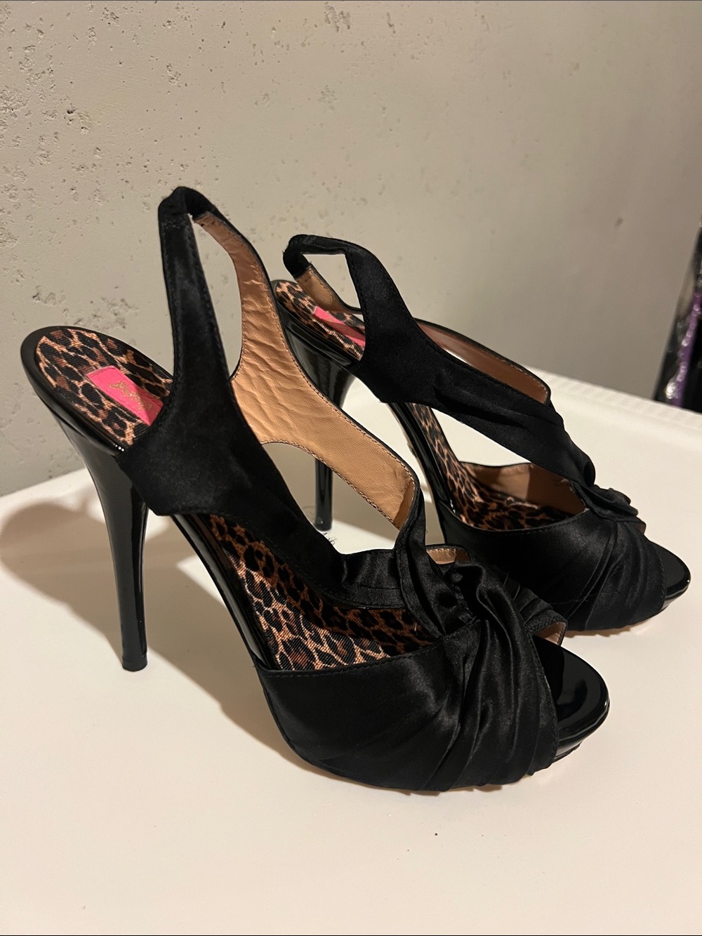 Betsey Johnson Black Satin Peep-Toe Slingback Heels